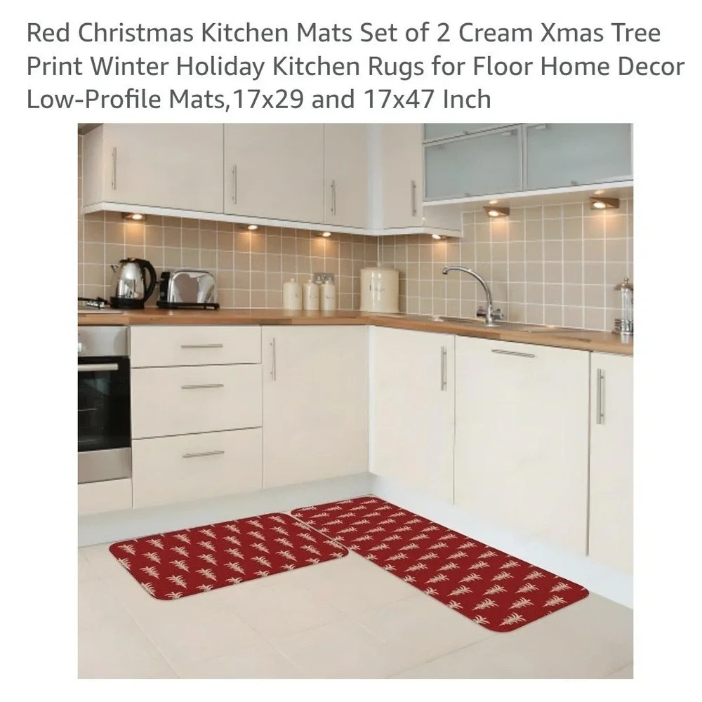Christmas Kitchen Mat Set Of 2 With Red Christmas Trees White Christmas Mat Set